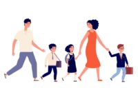 Parents and kids. Students go to school, large family mother father went their children to study. Schoolboy and schoolgirls, child in uniform vector illustration. School boy and girl go to school